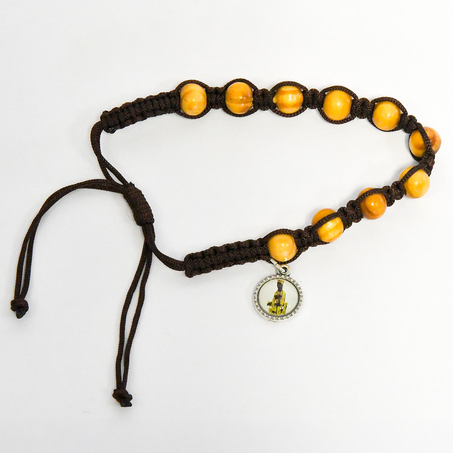 Pulsera cuerda y madera (decenario) con medalla de la virgen de Torreciudad
